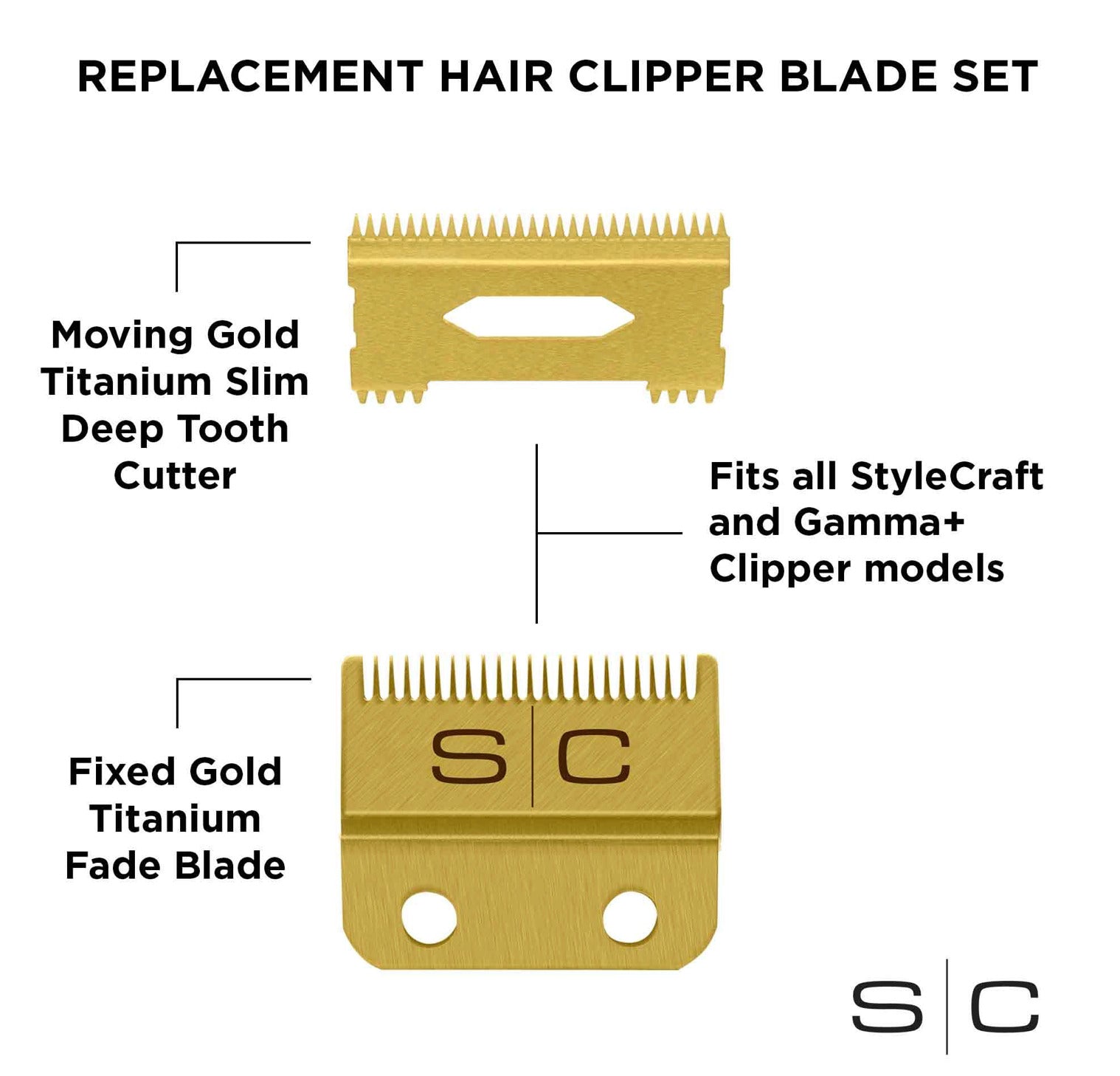 StyleCraft S|C REPLACEMENT FIXED GOLD TITANIUM FADE CLIPPER BLADE WITH GOLD TITANIUM MOVING SLIM DEEP TOOTH CUTTER SET