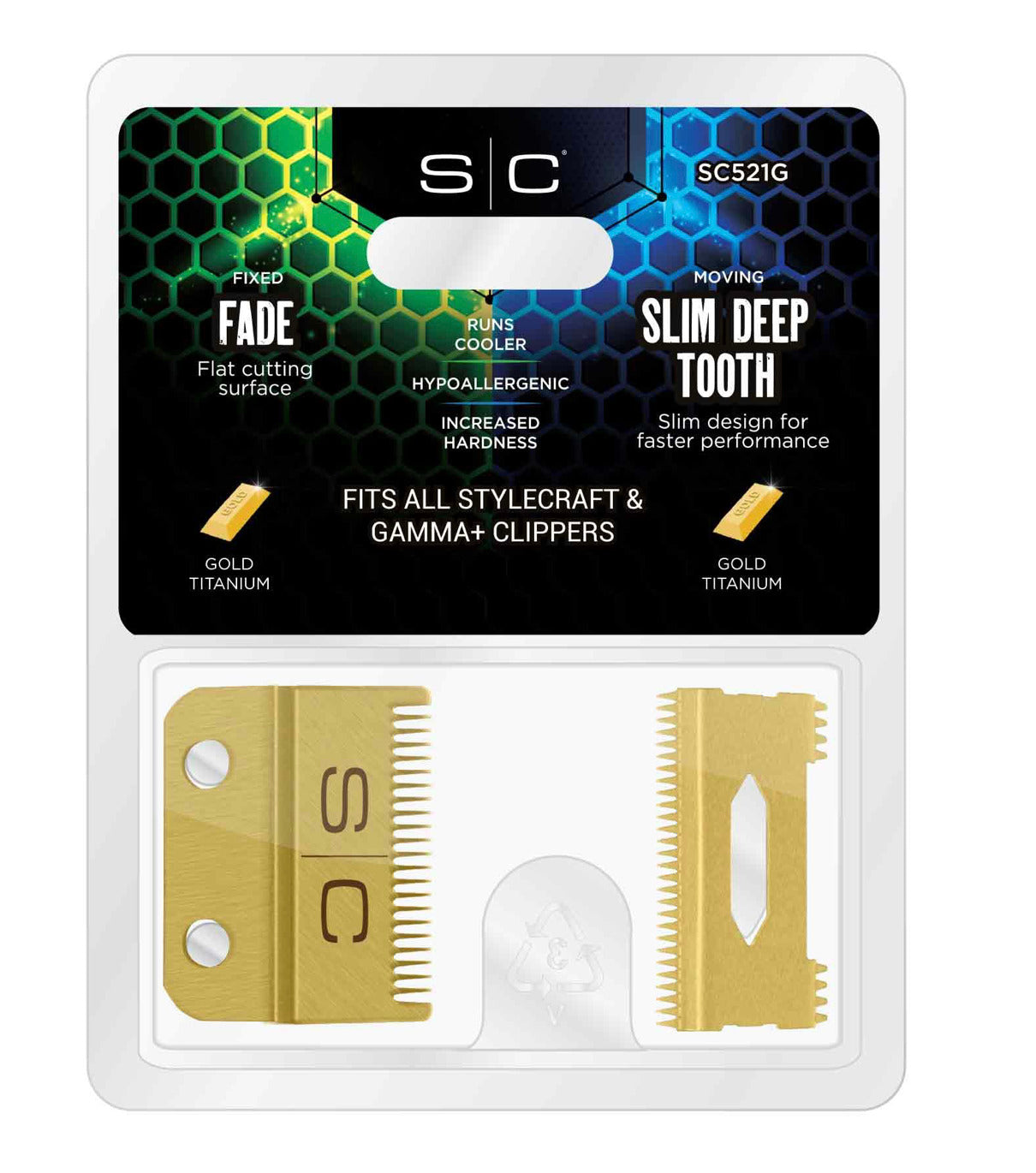 StyleCraft S|C REPLACEMENT FIXED GOLD TITANIUM FADE CLIPPER BLADE WITH GOLD TITANIUM MOVING SLIM DEEP TOOTH CUTTER SET